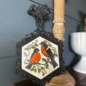 Vintage Cast Iron Trivet - hand glazed tile with bird motif
